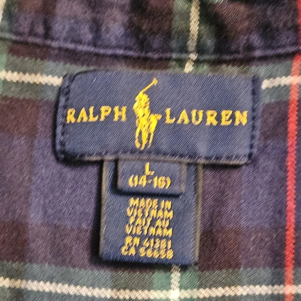 Ralph Lauren Boy Tartan Plaid Button Down Long Sleeve Shirt Navy L (14-16)